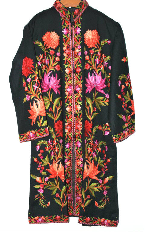 Woolen Coat Long Jacket Black, Multicolor Embroidery #AO-132