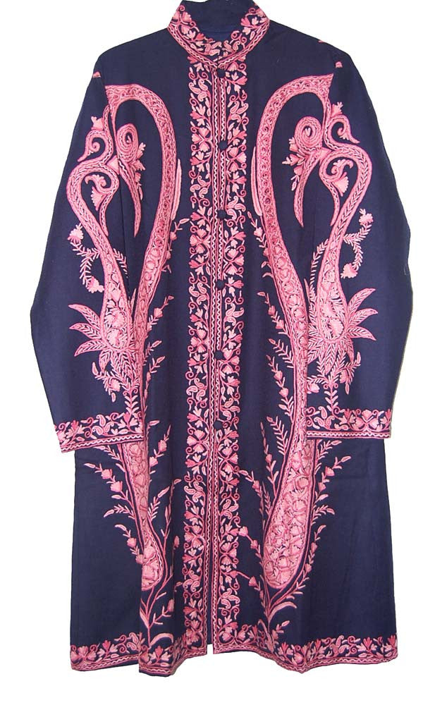 Woolen Coat Long Jacket Navy, Pink Embroidery #AO-1202