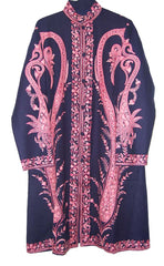 Kashmiri Woolen Coat Navy, Pink Embroidery #AO-1202