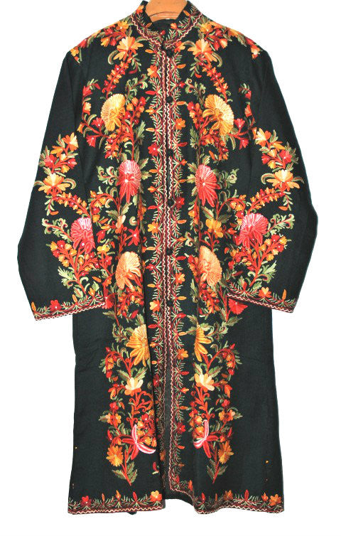 Woolen Coat Long Jacket Black, Multicolor Embroidery #AO-133