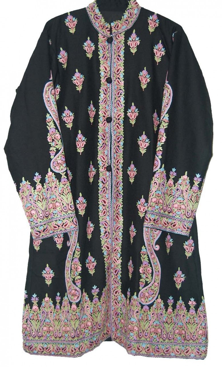Woolen Coat Long Jacket Black, Multicolor Embroidery #AO-1061