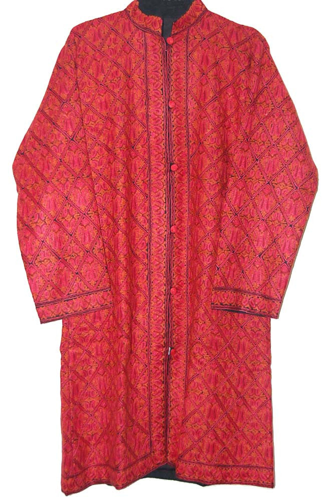 Woolen "Jamawar" Coat Long Jacket Black, Red Embroidery #JM-1061