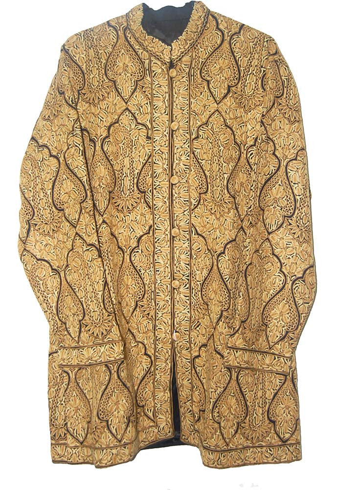 Woolen "Jamawar" Coat Long Jacket Black, Olive Embroidery #JM-191