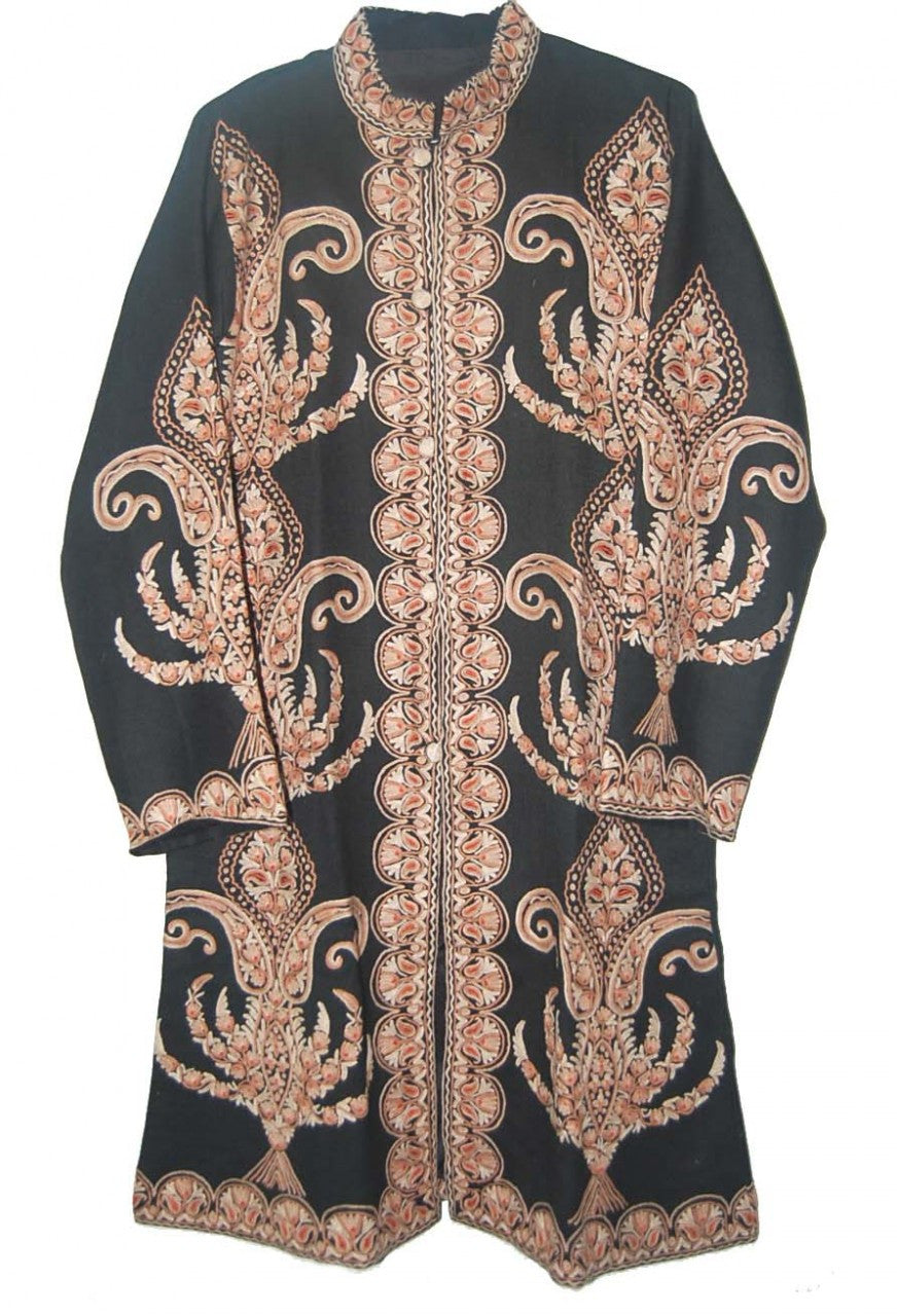 Woolen Coat Long Jacket Black, Brown Embroidery #AO-1141