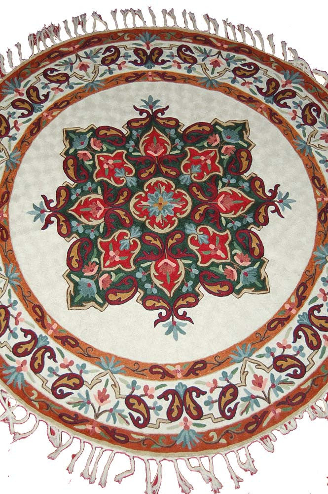 ChainStitch Tapestry Woolen Area Rug,  Multicolor Embroidery 4 feet Round #CWR16101