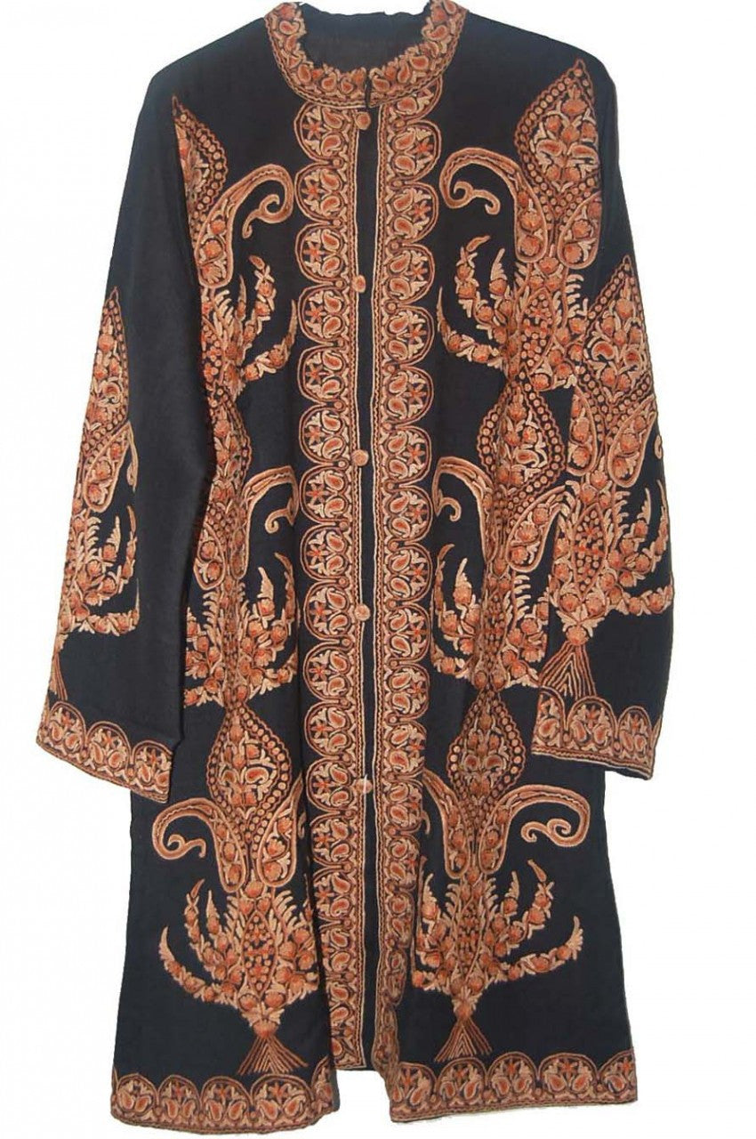 Woolen Coat Long Jacket Black, Brown Embroidery #AO-1142