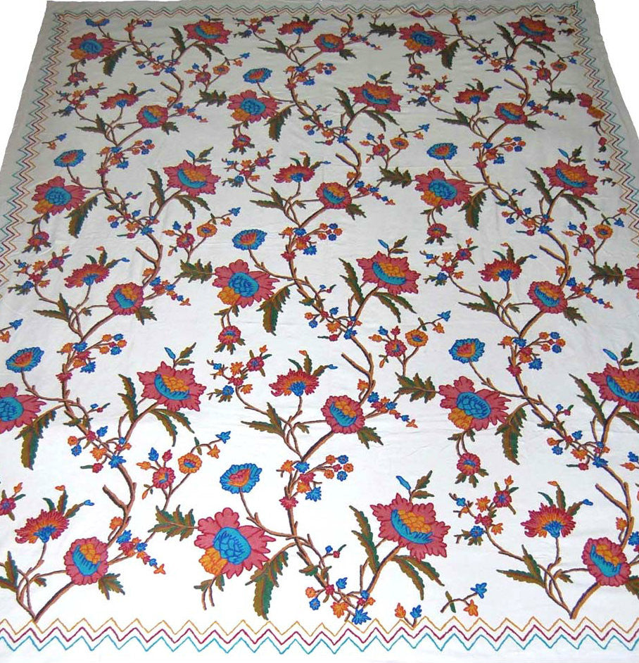 Cotton Crewel Embroidered Bedspread Off-White, Multicolor #FLR1102