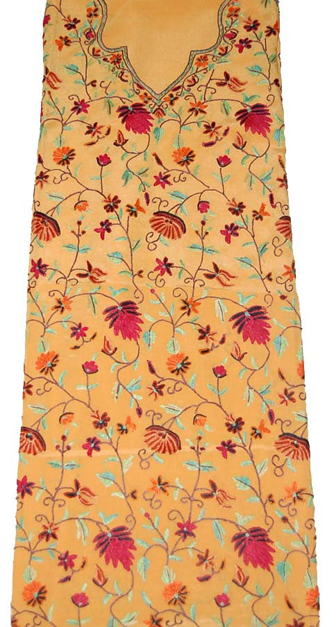 Crepe Silk Salwar Kameez Suit Unstitched Fabric Apricot, Multicolor Embroidery #FS-905