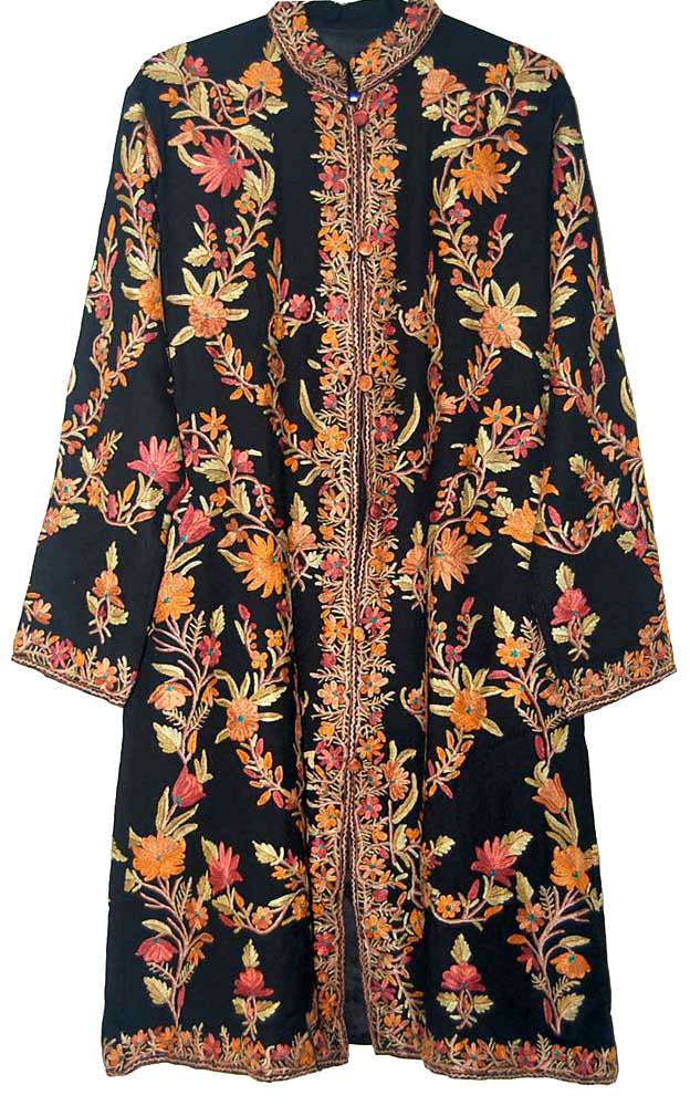 Woolen Coat Long Jacket Black, Multicolor Embroidery #AO-131