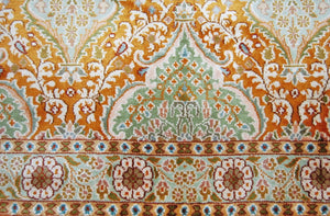 Kashmir Silk Carpet Hand Knotted, Green and Gold 3'x5' #CPS15201