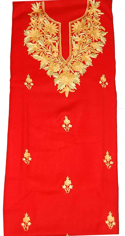 Woolen Salwar Kameez Suit Unstitched Fabric Red, Multicolor Embroidery #FS-431