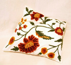 Crewel Wool on Cotton Throw Pillow Cushion Cover Floral, Multicolor #CW206