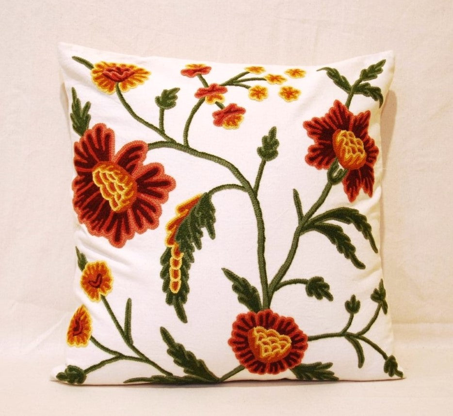 Crewel Wool on Cotton Throw Pillow Cushion Cover Floral, Multicolor #CW206