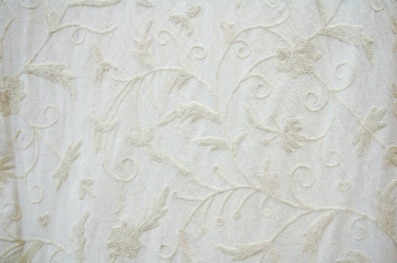 Cotton Crewel Embroidered Fabric Jacobean, White on White #TML552