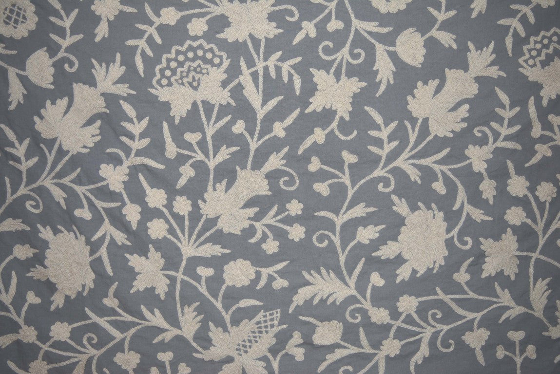 Cotton Crewel Embroidered Fabric, White on Grey #FLR421