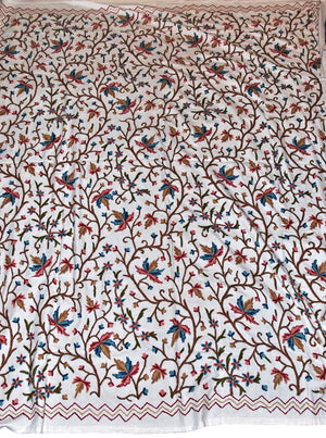 Cotton Crewel Embroidered Bedspread "Maple" Off-White, Multicolor #CHR1101