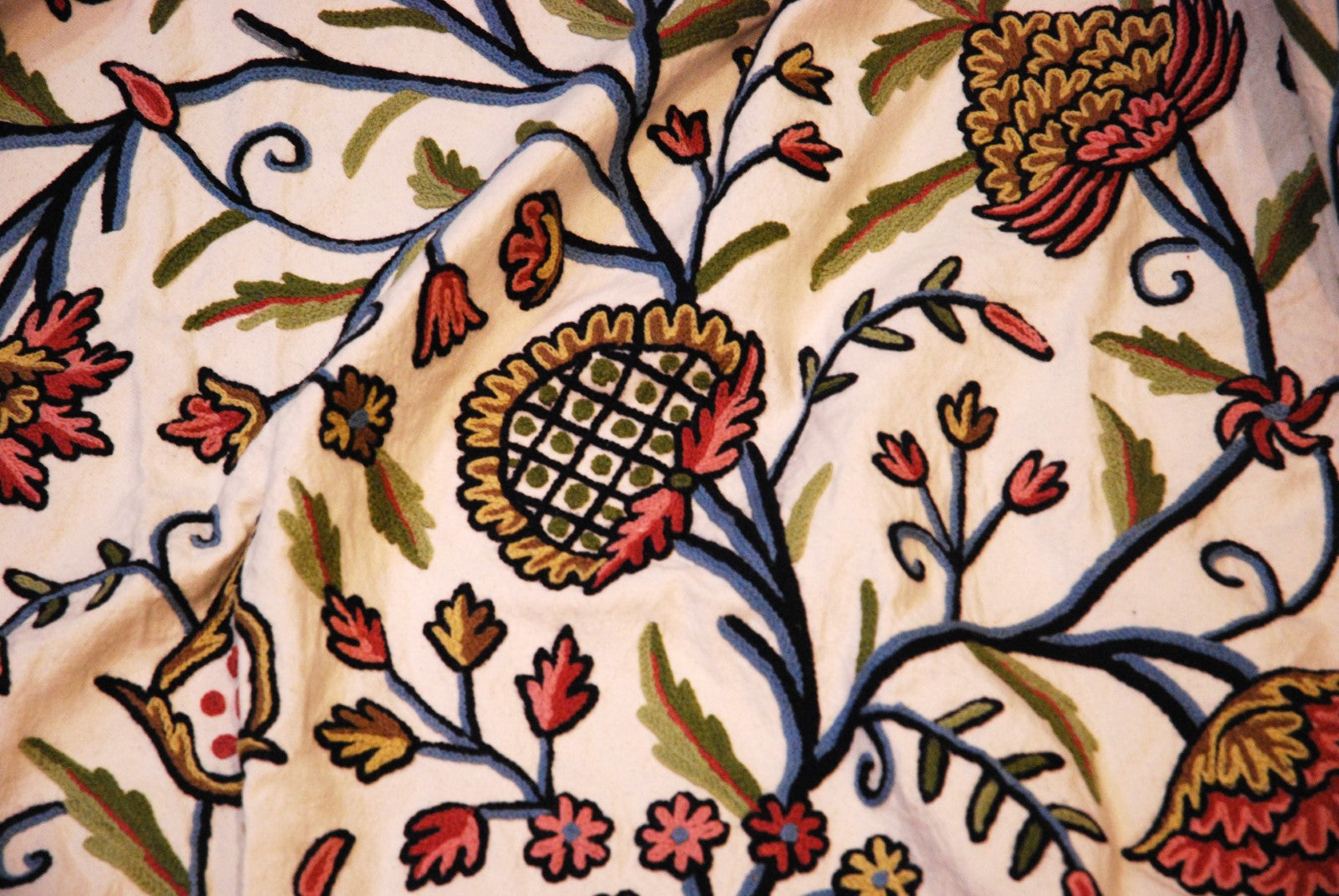 Cotton Crewel Embroidered Bedspread "Tree of Life" Off-White, Multicolor #DDR1102