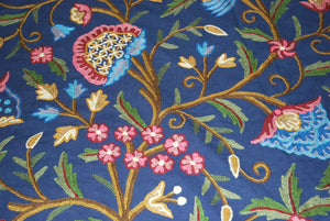 Cotton Crewel Embroidered Bedspread "Tree of Life" Navy Blue, Multicolor #DDR1204