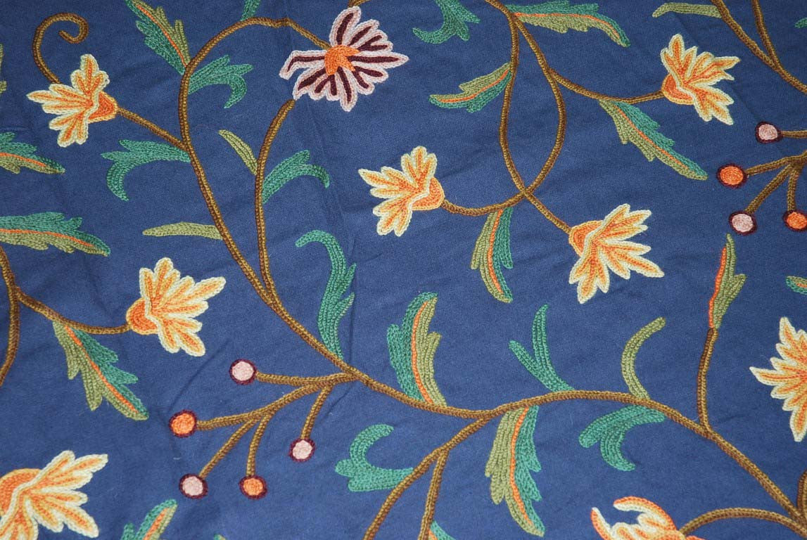 Cotton Crewel Embroidered Bedspread Navy Blue, Multicolor #FLR1205