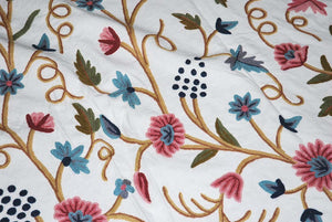 Cotton Crewel Embroidered Bedspread "Grapevine" Off-White, Multicolor #FLR1302