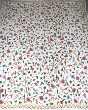 Cotton Crewel Embroidered Bedspread "Grapevine" Off-White, Multicolor #FLR1302