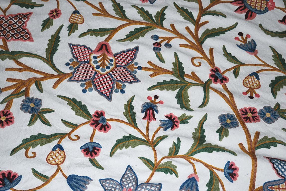 Cotton Crewel Embroidered Bedspread Off-White, Multicolor #FLR1317