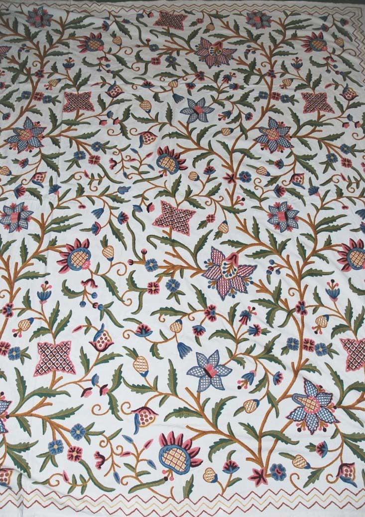 Cotton Crewel Embroidered Bedspread Off-White, Multicolor #FLR1317