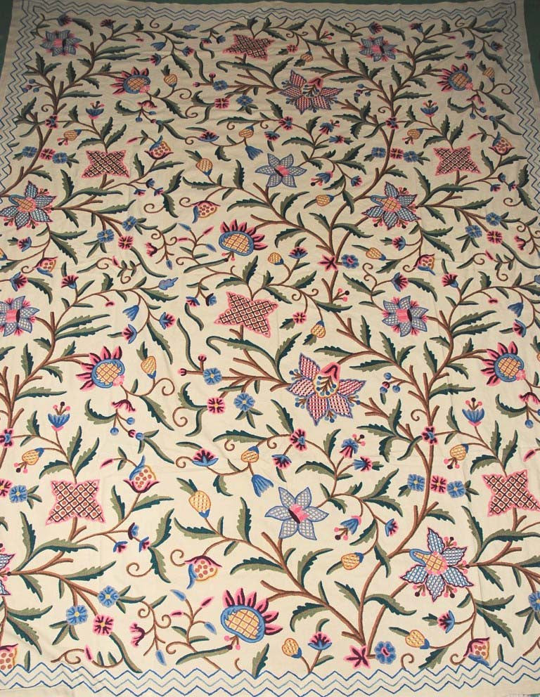 Cotton Crewel Embroidered Bedspread Beige, Multicolor #FLR1337