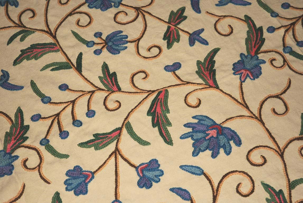 Cotton Crewel Embroidered Bedspread Jacobean Beige, Multicolor #TML1201