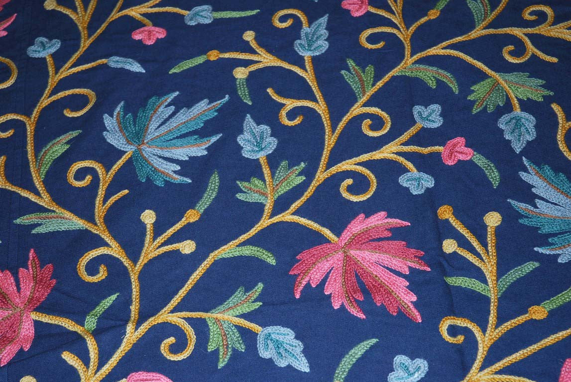 Cotton Crewel Embroidered Bedspread "Maple" Navy Blue, Multicolor #CHR1304