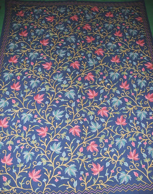 Cotton Crewel Embroidered Bedspread "Maple" Navy Blue, Multicolor #CHR1304