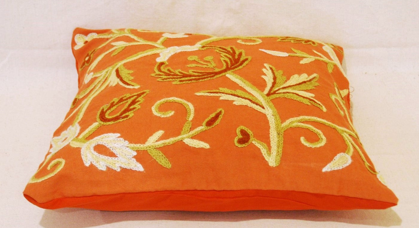Crewel Wool on Cotton Throw Pillow Cushion Cover Rust, Multicolor #CW238