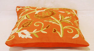 Crewel Wool on Cotton Throw Pillow Cushion Cover Rust, Multicolor #CW238