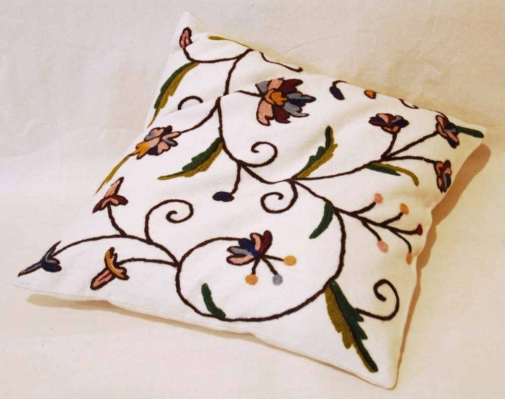 Cotton Crewel work Throw Pillow Cushion Cover "Jacobean", Multicolor #CW301