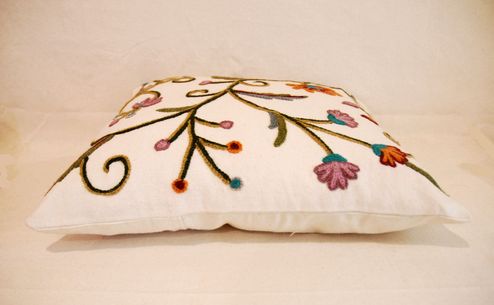 Crewel Wool on Cotton Throw Pillow Cushion Cover Jacobean, Multicolor #CW302
