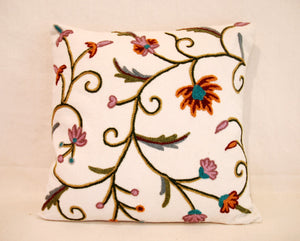 Crewel Wool on Cotton Throw Pillow Cushion Cover Jacobean, Multicolor #CW302