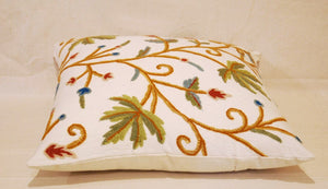 Crewel Wool on Cotton Throw Pillow Cushion Cover "Maple", Multicolor #CW308