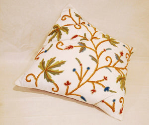 Crewel Wool on Cotton Throw Pillow Cushion Cover "Maple", Multicolor #CW308