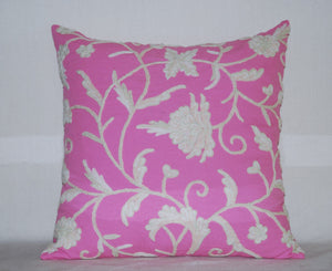 Cotton Crewel Throw Pillow Cushion Cover Pink, Multicolor Pastels Embroidery #CW310
