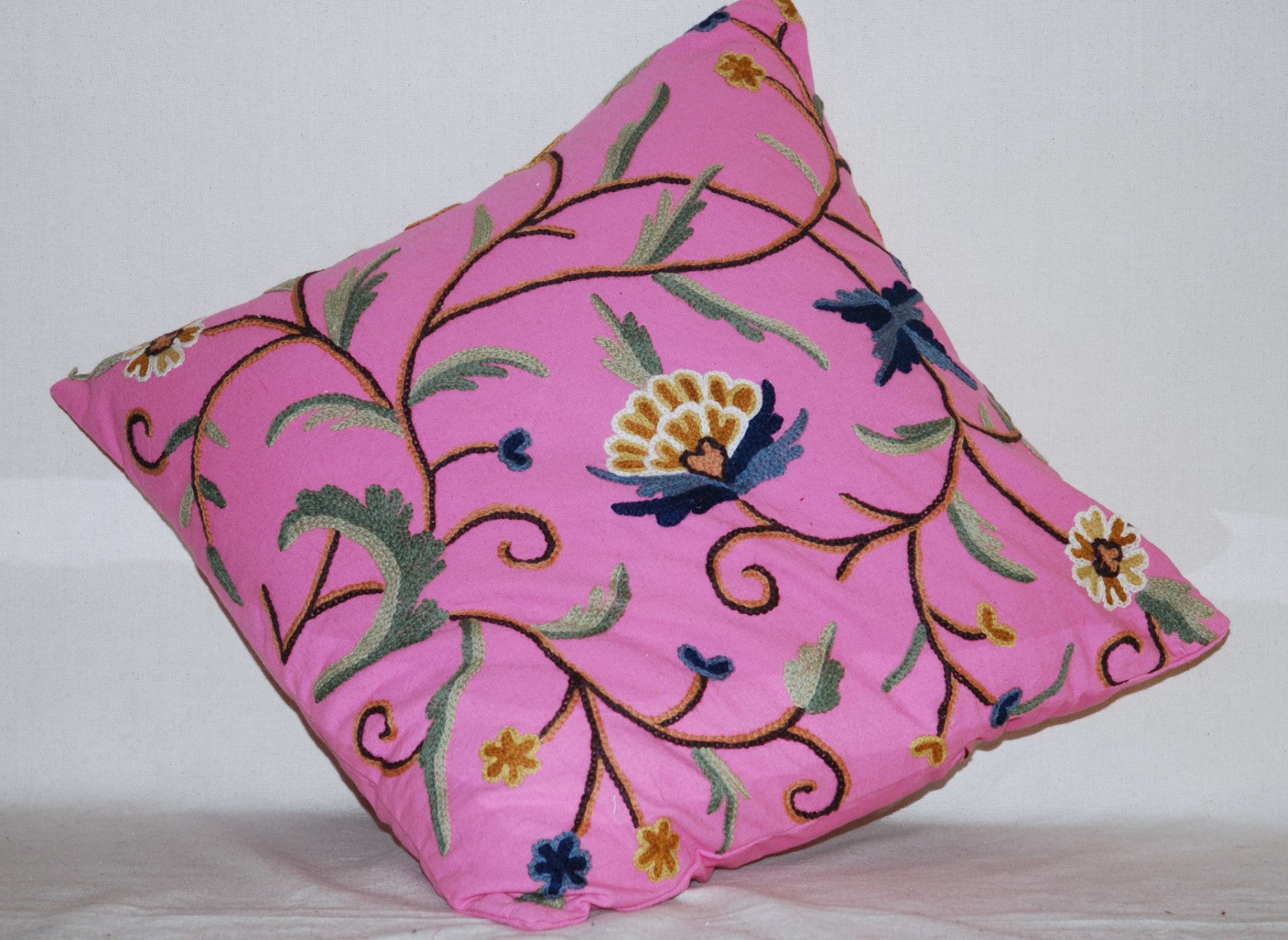 Multicolor Embroidered Pink Throw Pillow Cotton Crewel Cushion Cover #CW315