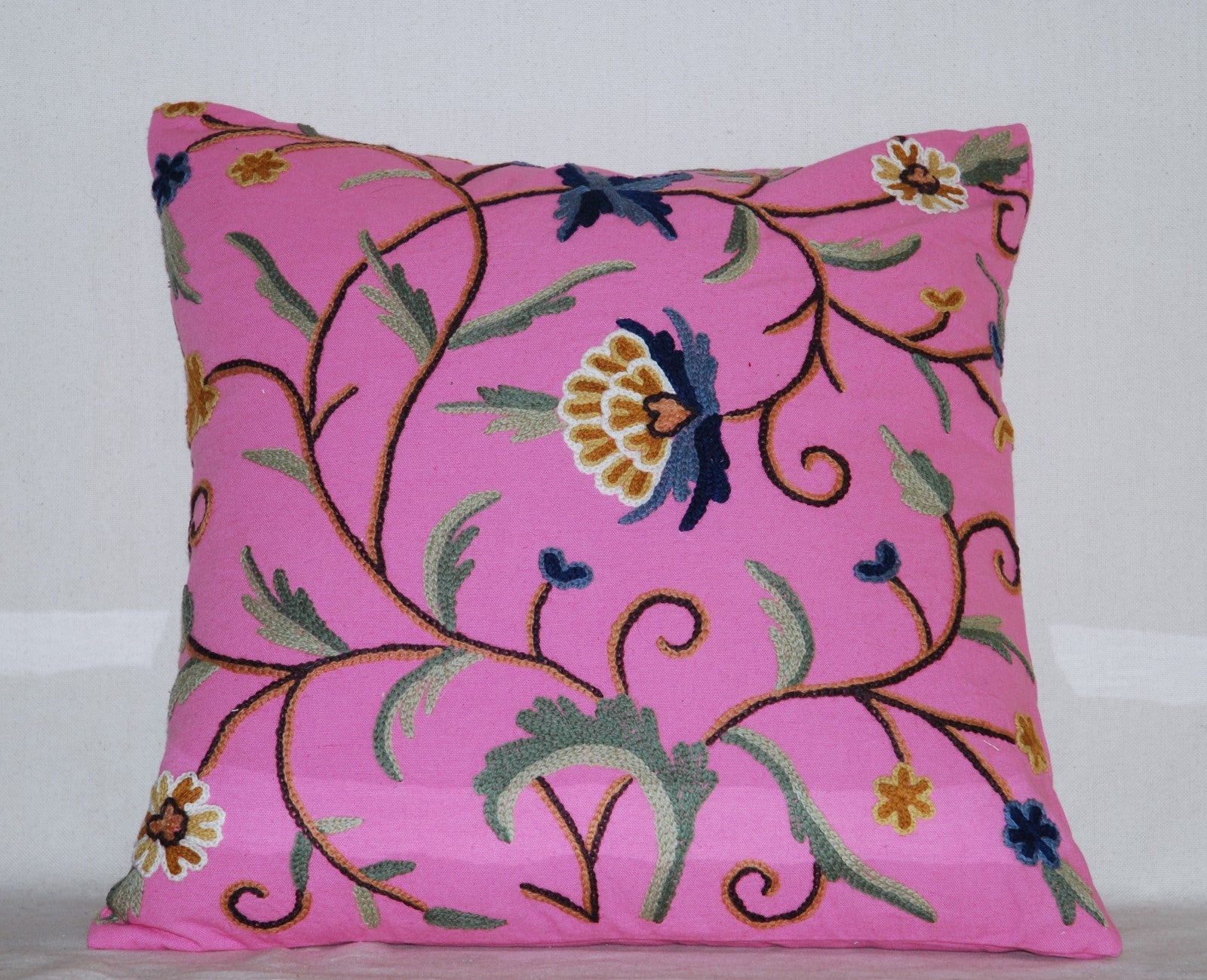Multicolor Embroidered Pink Throw Pillow Cotton Crewel Cushion Cover #CW315
