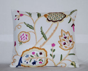 Crewel Wool on Cotton Throw Pillow Cushion Cover "Watlab", Multicolor Pastels #CW326