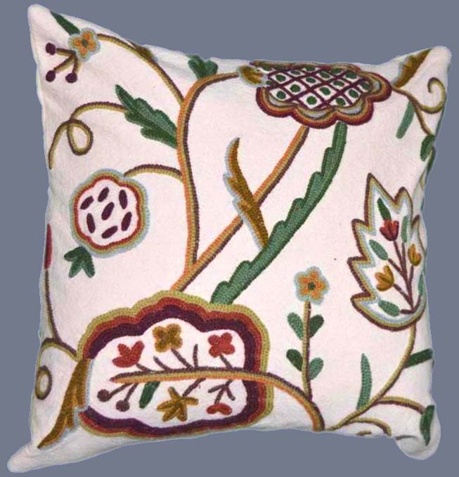 Crewel Wool on Cotton Throw Pillow Cushion Cover "Watlab", Multicolor #CW328