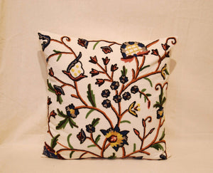 Crewel Wool on Cotton Throw Pillow Cushion Cover "Tree of Life", Multicolor #CW-401