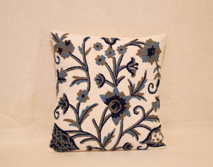 Crewel Wool on Cotton Throw Pillow Cushion Cover "Tree of Life" Blue on White #CW402