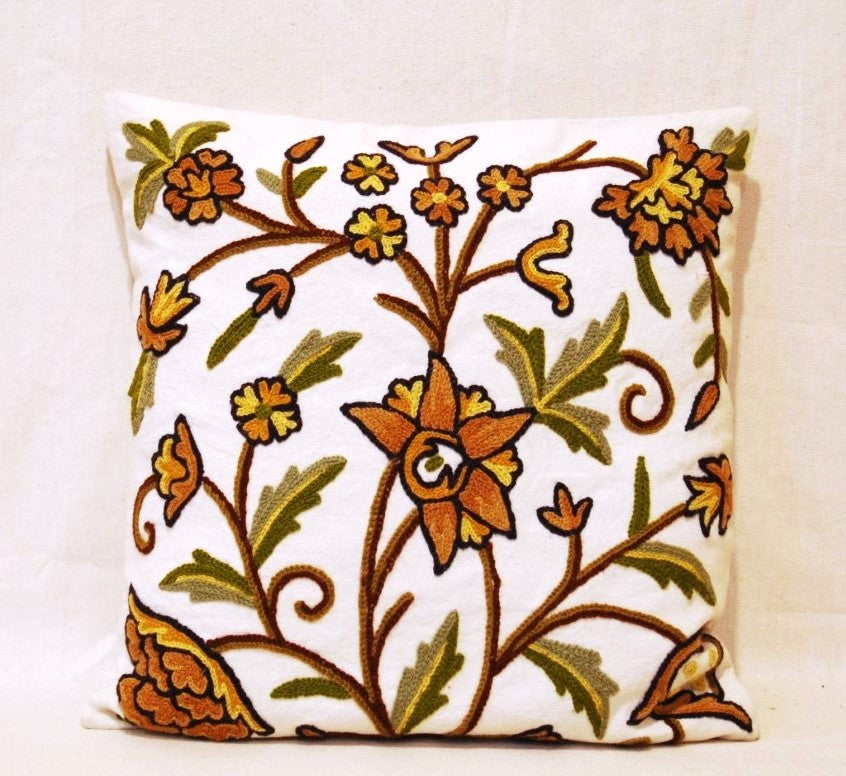 Crewel Wool on Cotton Throw Pillow Cushion Cover "Tree of Life", Multicolor #CW404