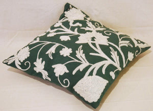 Crewel Wool on Cotton Throw Pillow Cushion Cover "Tree of Life", White on Green #CW451