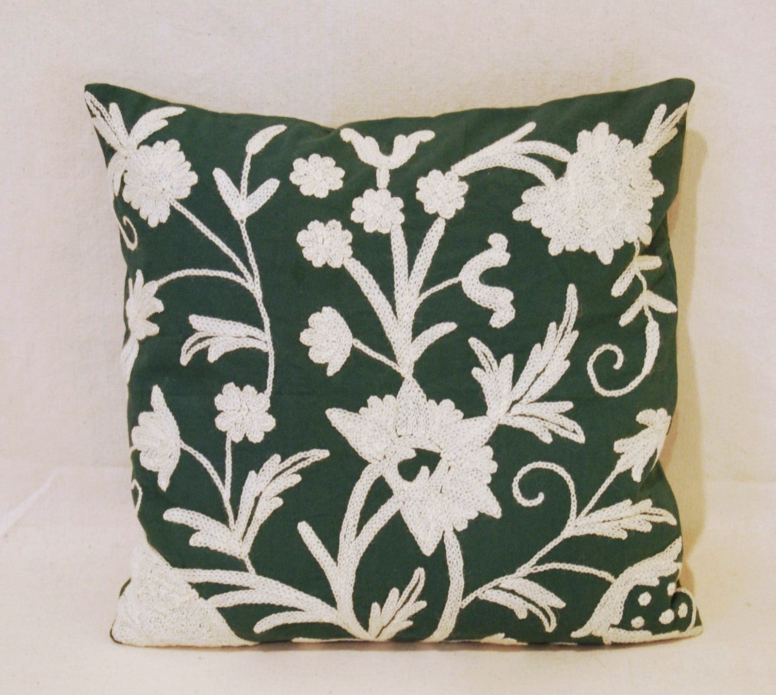 Crewel Wool on Cotton Throw Pillow Cushion Cover "Tree of Life", White on Green #CW451