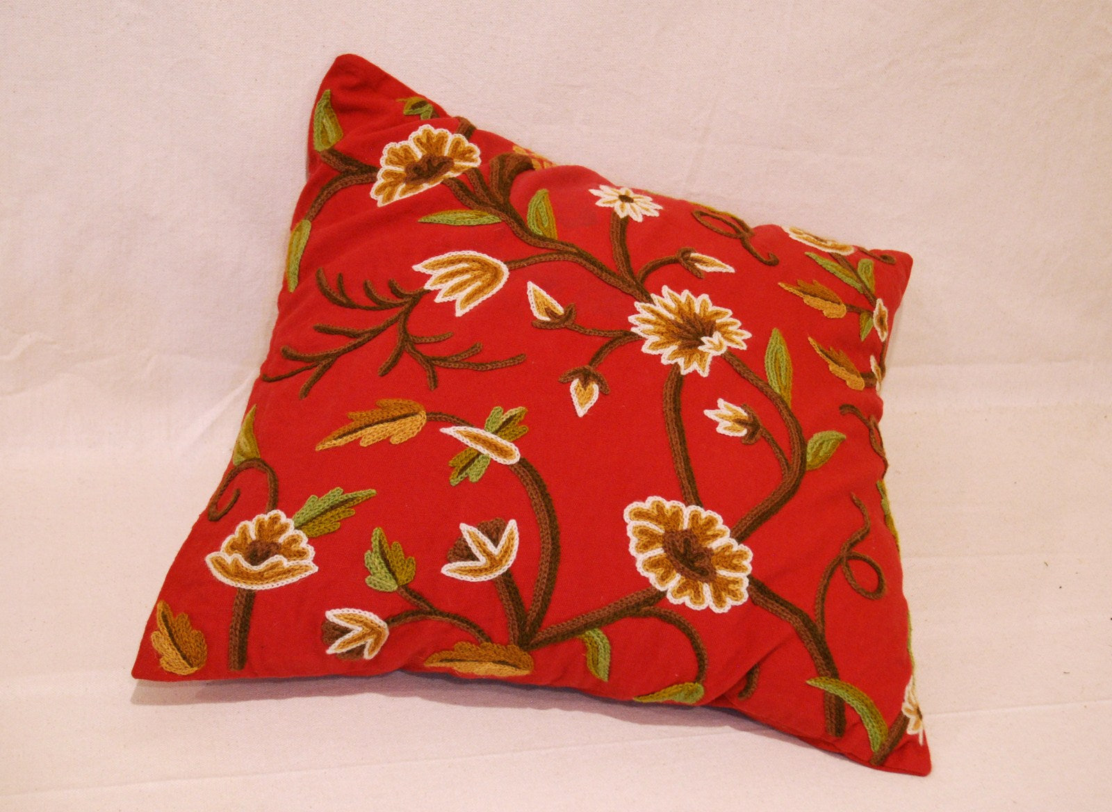 Crewel Wool on Cotton Throw Pillow Cushion Cover Red, Multicolor #CW231