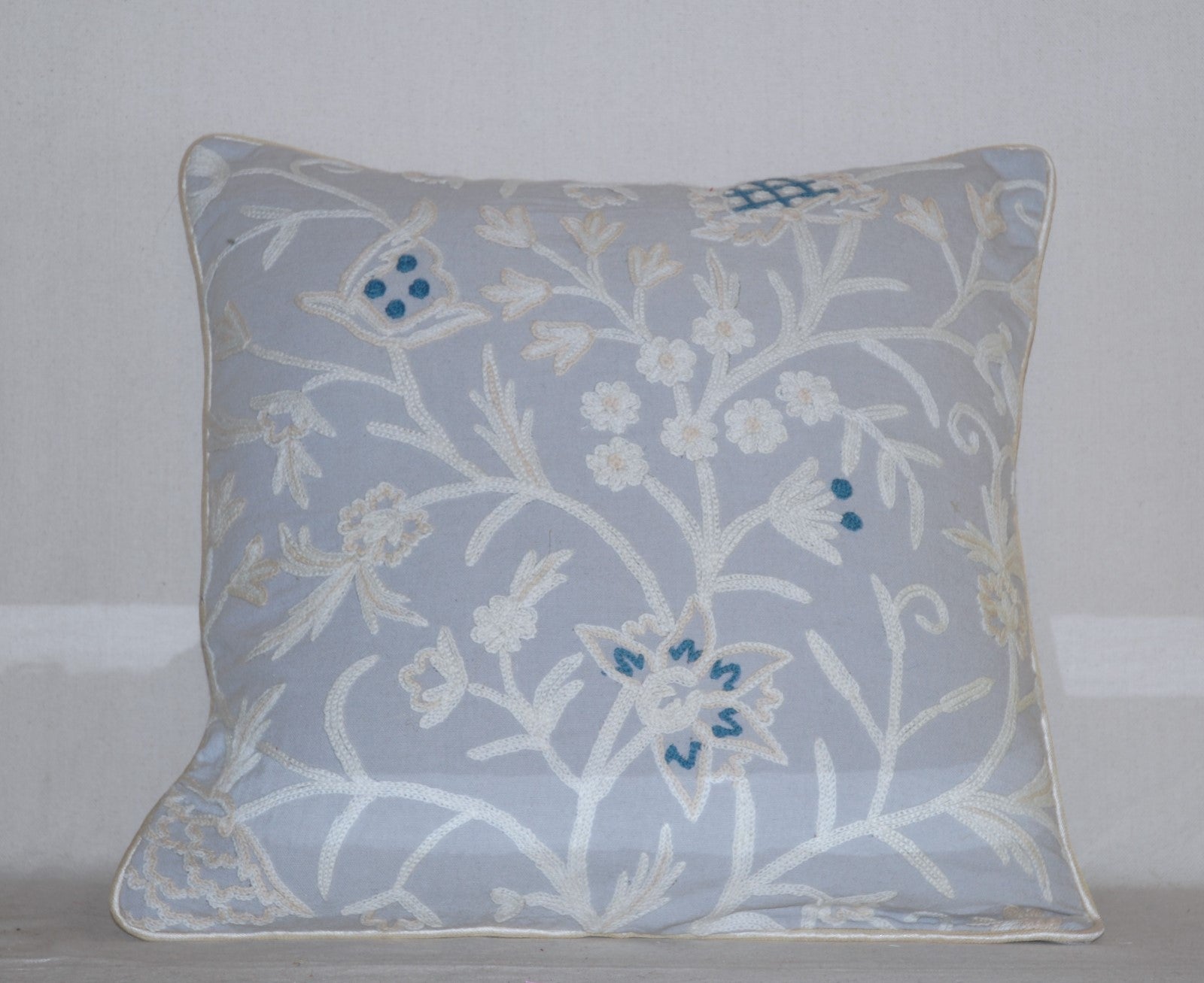 Crewel Wool on Cotton Throw Pillow Cushion Cover, Grey Tone-Tone Embroidery #CW322
